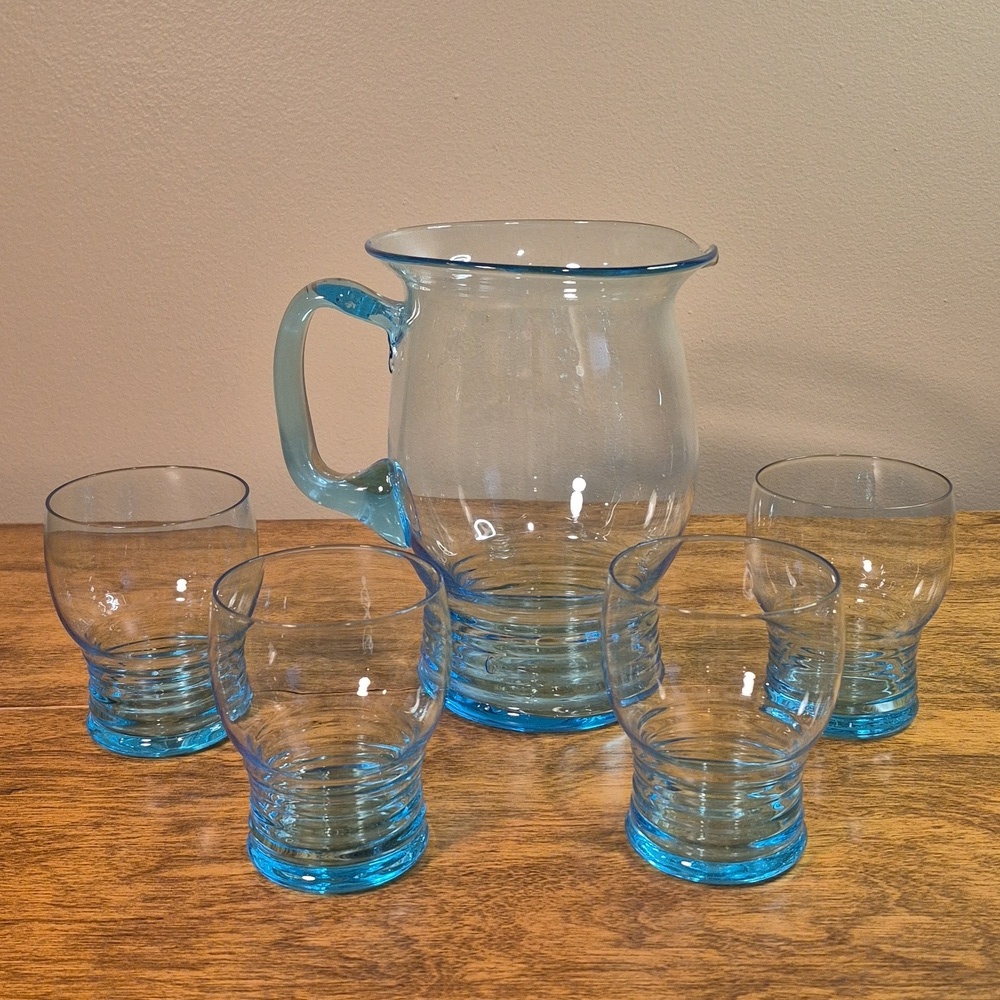 VINTAGE MCM 1970s Aqua Blue Glass Pitcher & Set of 4 Matching Glass Tumblers